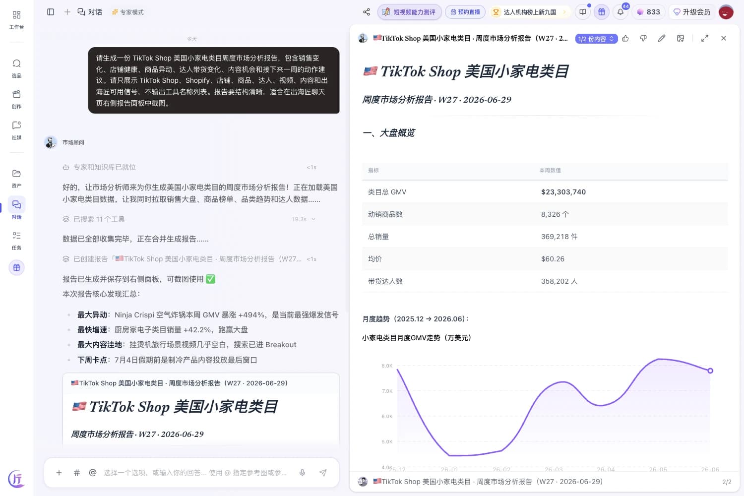 出海匠 聊天界面:卖家向市场顾问询问品类情况,Agent 并行研究榜单和趋势,交付结构化分析报告